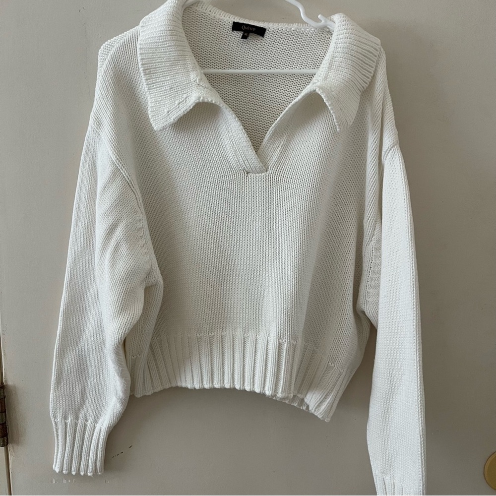 Quince | white cotton knit cropped long sleeve polo